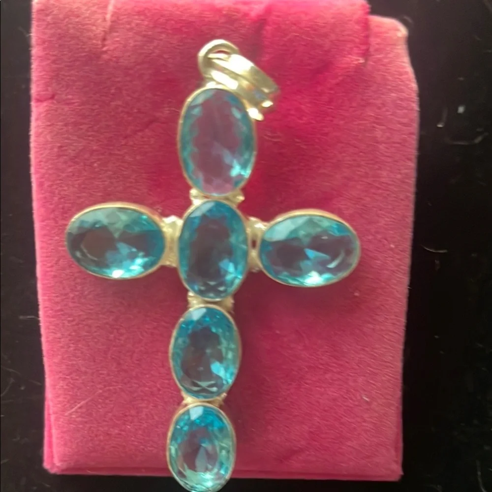 London Blue Topaz 6 Gemstone Cross pendant  with Elegant Design - Picture 4 of 7